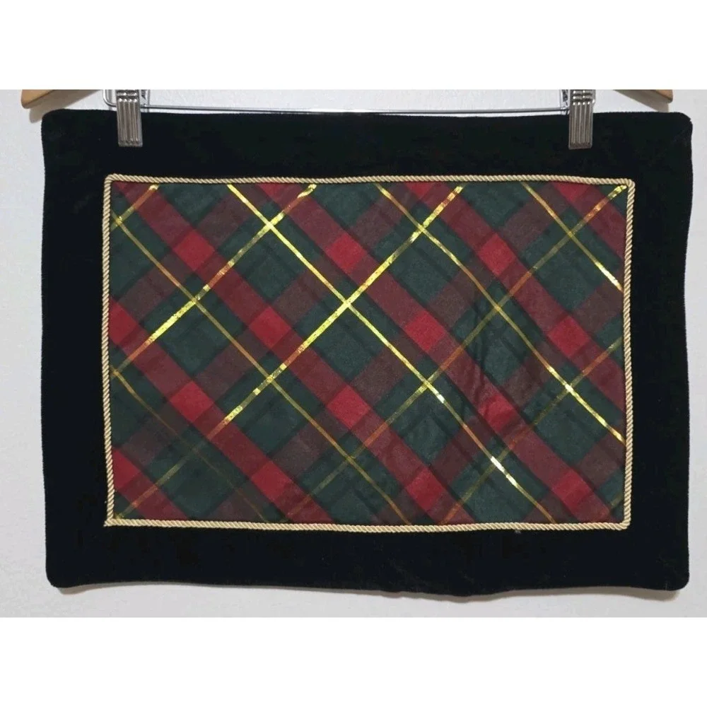WAVERLY 7 Thick Black Velvet Plaid Placemats Gold‎ Trim Christmas Holiday Party